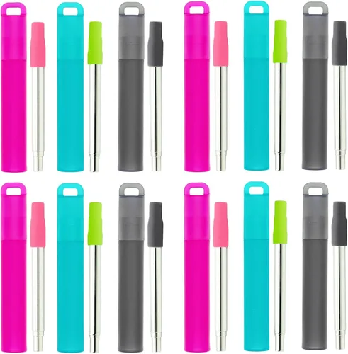 Paquete de 12 pajitas reutilizables de metal plegables, pajitas retráctiles portátiles de viaje con funda, puntas de silicona y cepillo de limpieza