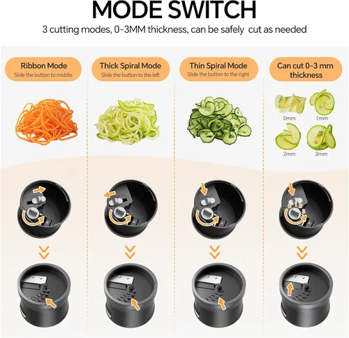 Miniatura 3 de Cortador espiralizador de verduras 4 en 1, grosor ajustable de 0.000-0.118 in, espiralizador de calabacín para preparar fideos vegetarianos