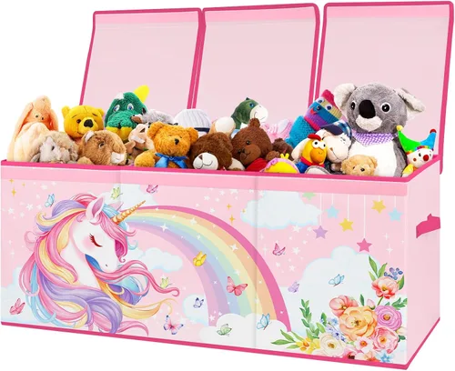 decalsweet Caja de juguetes para niños, contenedor de almacenamiento plegable con asas para tapas para niños y niñas, caja organizadora de juguetes