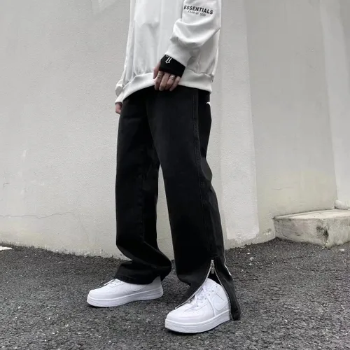 Miniatura 3 de Pantalones de mezclilla de pierna recta bordados con letras para hombre, sueltos, retro, casuales, de pierna ancha, pantalones de calle para hombre
