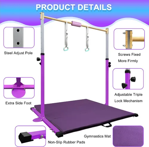 Miniatura 3 de Adjustable Gymnastics Bar for Kids with Mat - Sturdy Kip Bar with Rings, Horizontal Bar for Home Training, 3'-5' Height, Ages 3-15, 250 LBS