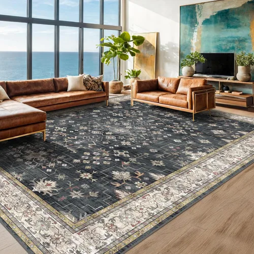 Miniatura 8 de Alfombra Boho Negra para Sala de Estar - Alfombra de Área Lavable de 10x14 Pies, Alfombras de Comedor para Debajo de la Mesa, Alfombra Suave de Pelo