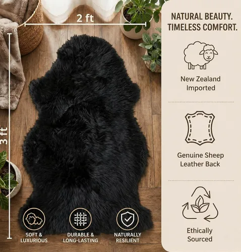 Miniatura 2 de Woolous Alfombra de piel de oveja negra, Nueva Zelanda, auténtica, de piel natural, esponjosa, para dormitorio, sala de estar