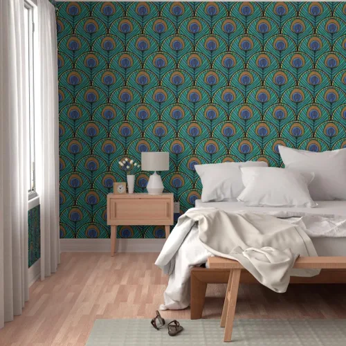 Miniatura 5 de Spoonflower Despegar y pegar papel pintado Swatch – Patrón de abanico Art Deco de pavo real pluma azul verde 1920 inspirado vintage dorado estampado