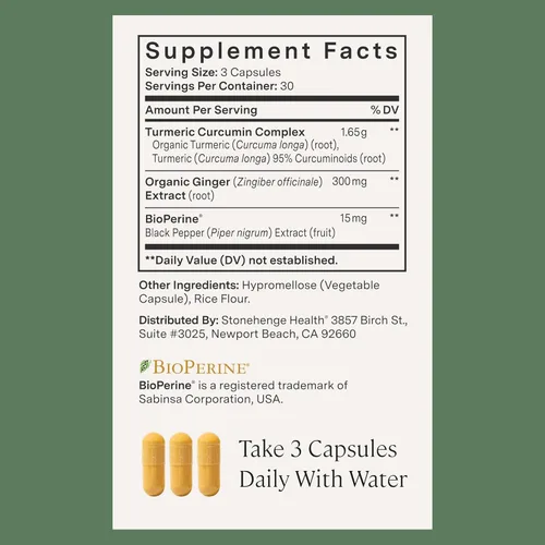 Miniatura 4 de Stonehenge Health Cúrcuma Dinámica con Curcumina y Jengibre - Alta Potencia - 1,650 mg de Cúrcuma con 95% de Curcuminoides y BioPerine, 90 Cápsulas