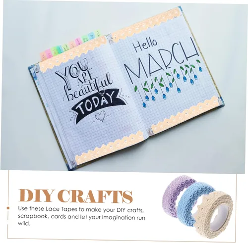 Miniatura 4 de 3 rollos de cintas de encaje de tela, cinta adhesiva decorativa Washi para manualidades, diario, álbumes de recortes, decoraciones de macramé