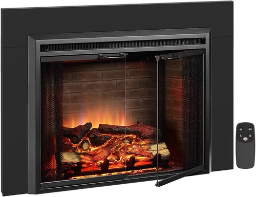 PuraFlame Klaus - Inserto eléctrico para chimenea de 33", con kit de adornos, sonido de chispas de fuego, tronco de resina, puerta de vidrio y