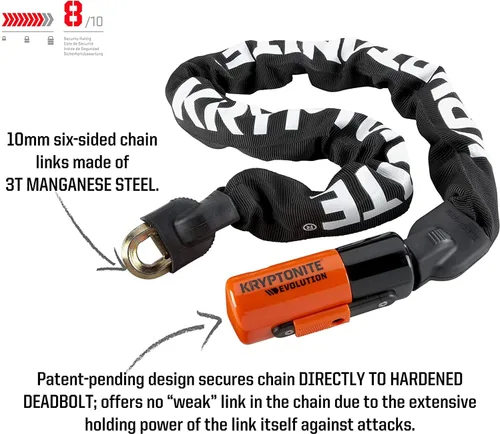 Miniatura 2 de Kryptonite Evolution 1090 Candado de Cadena para Bicicleta, Cadena de Acero de 10mm de 0.91 Metros de Largo, Antirrobo de Alta Resistencia, Candado