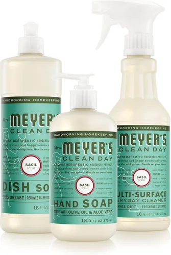 MRS. MEYER'S CLEAN DAY - Juego de artículos esenciales de cocina, incluye: jabón de manos, jabón para platos y limpiador multiusos, albahaca,