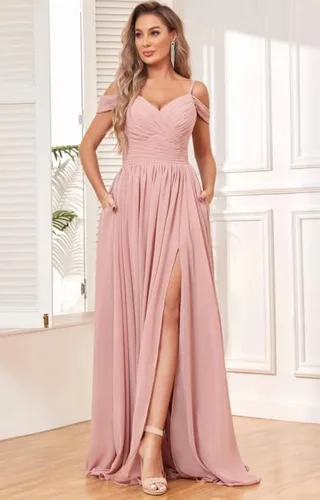 Miniatura 4 de BOLENSYE Vestidos de dama de honor con hombros descubiertos y bolsillos, vestido de noche formal con abertura larga de gasa fruncida