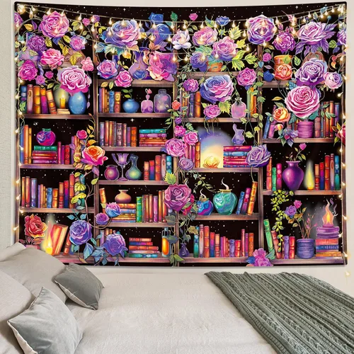 ARTCREATOR - Tapiz de estantería con flores rosas y moradas, tapices de plantas coloridas para dormitorio, colgante floral estético, decoración