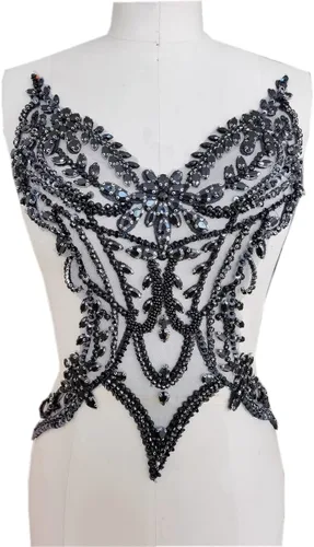 Apliques de encaje hechos a mano con diamantes de imitación para coser en cuentas de lentejuelas para accesorios de vestir de niña (negro)
