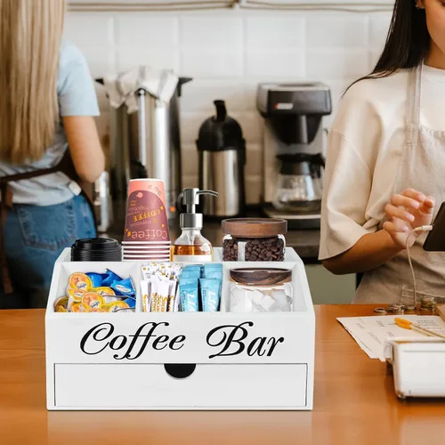 Miniatura 4 de Organizador de barra de café, accesorios de barra de madera con cajón, organizador de estación de café, cesta de almacenamiento, estación