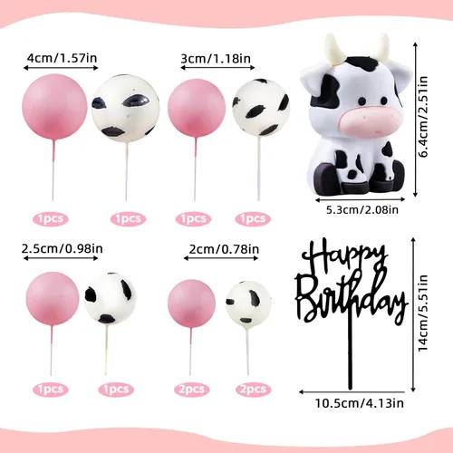 Miniatura 2 de Paquete de 12 adornos para tartas de vaca, linda figura de animales de granja con bolas, feliz cumpleaños para baby shower, niños, fiesta
