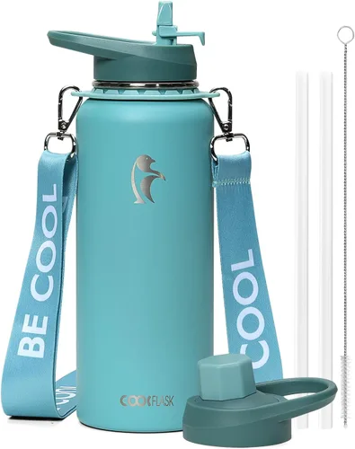 Botella de agua Coolflask de 40 onzas con correa, botella de agua metálica aislada con popote y tapas con pico, acero inoxidable de doble pared al