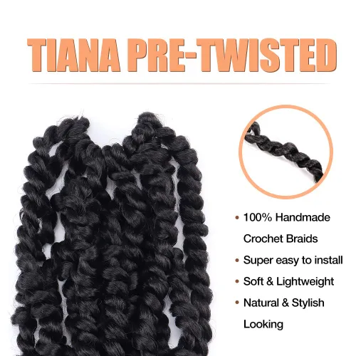 Miniatura 3 de TOYOTRESS Tiana Passion Twist Hair - Cabello Passion Twist de 16 pulgadas, trenzas pretrenzadas de ganchillo negro natural, extensiones de cabello 1b