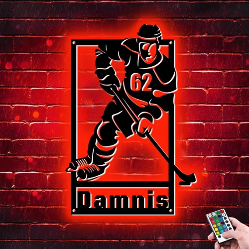 Miniatura 17 de Arte de pared de hockey con nombre y número personalizado, letrero de metal personalizado para jugador de hockey con luz LED, letrero de neón