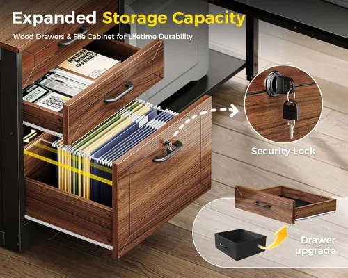 Miniatura 4 de AODK Escritorio de oficina en forma de L de 61 pulgadas con cajones de madera y archivador con cerradura, escritorio de esquina reversible de 21.7