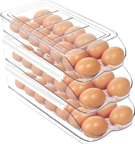MesRosa Soporte para huevos para nevera, organizador automático de huevos enrollable para refrigerador, contenedor y bandeja de huevos de plástico
