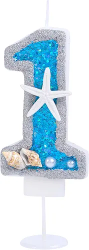 Miniatura 22 de Vela de cumpleaños número 0 3D número 0 para decoración de pastel para niños y niñas, niños pequeños bajo el océano, tema azul mar, fiesta