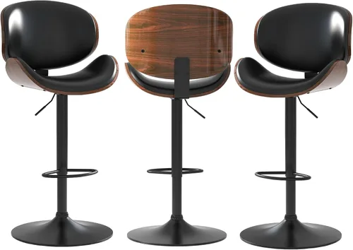 Miniatura 11 de Juego de 2 taburetes de bar giratorios ajustables, modernos taburetes de bar de madera curvada con base de metal grande y reposapiés, silla de bar
