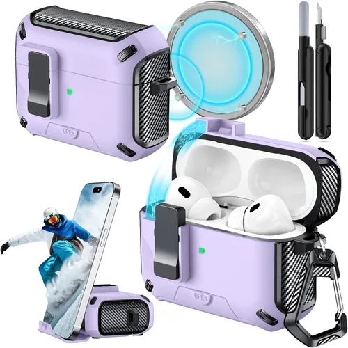 Miniatura 14 de Funda para AirPods Pro 2 (2023/2022/2019) con soporte para teléfono, (con interruptor a presión automático), diseño de fibra de carbono, cubierta