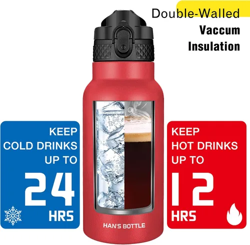Miniatura 6 de Han's Bottle Botella de agua para niños con tapa con pajilla, vaso reutilizable de acero inoxidable aislado para niñas, niños, taza térmica, 17 Rojo