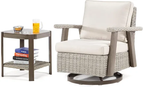 Joyside Silla de patio con mesa auxiliar, juego de muebles de mimbre para patio, 2 piezas, silla mecedora giratoria de 360 grados para exteriores