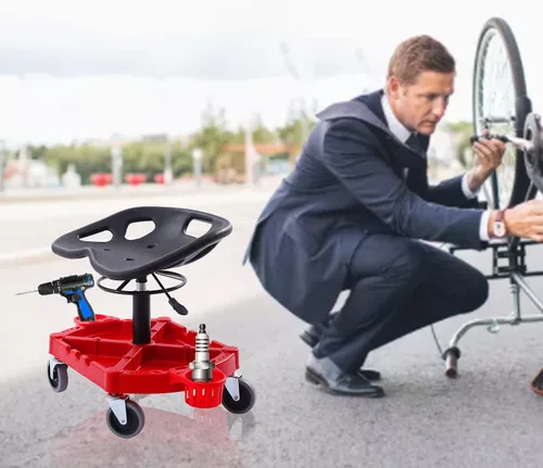 Miniatura 5 de DYRABREST Taburete de garaje con ruedas móvil, asiento de garaje neumático de altura ajustable con bandeja de herramientas y ruedas giratorias