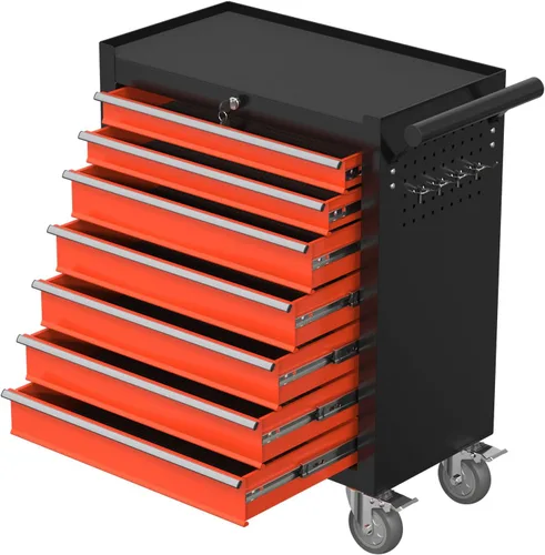 Miniatura 11 de Caja de herramientas con ruedas de 5 cajones, armario de almacenamiento de herramientas de metal con cerradura y llaves y giratorio, caja de Naranja