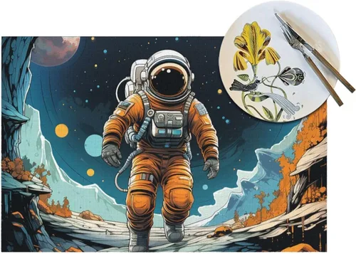 Miniatura 5 de 6 PCS PVC Placemats Set Place Mats Astronaut and Spaceship Non-Slip Weave Place Mats 12" x 18" Farmhouse Table Mat Set for Family Dinners Wedding