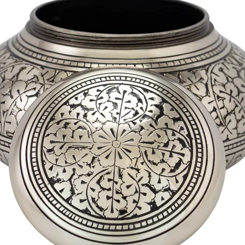 Miniatura 4 de Urna de cremación redonda de hojas de plata para cenizas, mediana, latón, urna de plata, urna de cremación de tamaño mediano, 4.5 pulgadas de alto