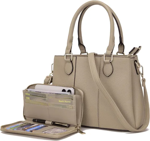 Miniatura 12 de Juego de bolsos y billeteras para mujer, bolso cruzado con asa superior, bolso de mano, cartera de hombro de cuero sintético A7-2pcs/Set Beige