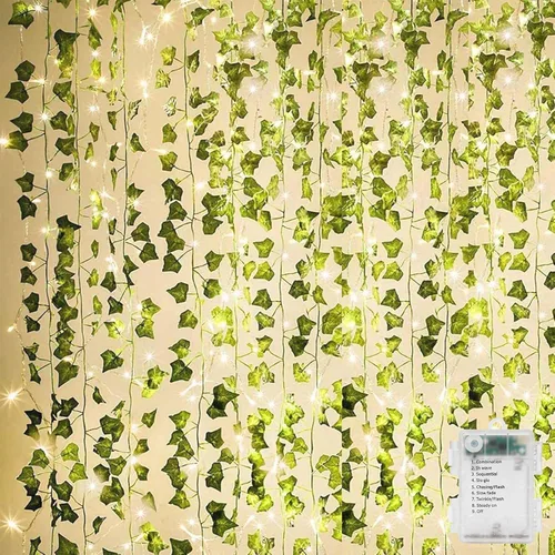 KASZOO Paquete de 12 guirnaldas de hiedra artificial de 84 pies, plantas falsas, guirnalda colgante de vid con certificación CE, 80 luces de cadena