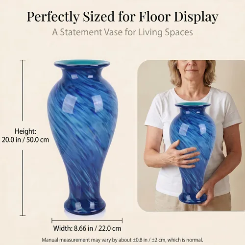 Miniatura 7 de Jarrón de vidrio azul de 20 pulgadas de alto soplado a mano para decoración del hogar, bonito y moderno jarrones de flores azul oscuro, jarrones