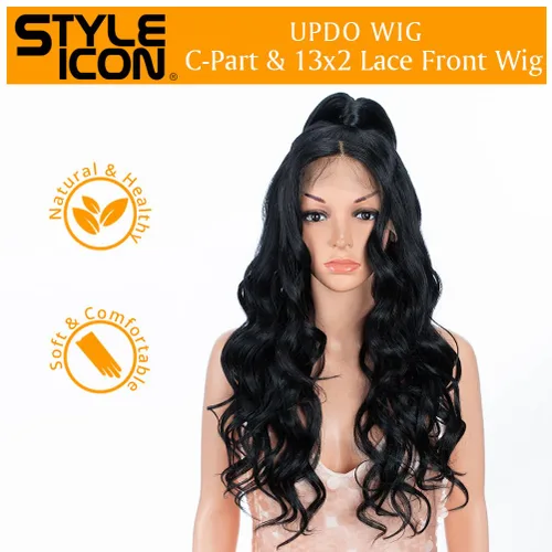 Miniatura 2 de Style Icon - Peluca de encaje frontal negra con parte libre, estilo U, de 24" de largo, ondulada con flequillo, sintética, resistente a altas 1