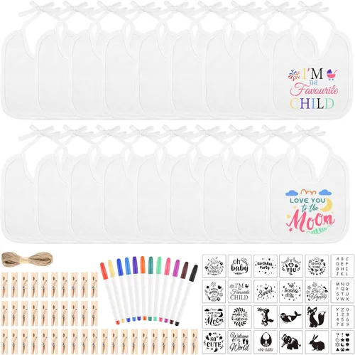 Miniatura 8 de BOUBONI Set de 55 piezas para decorar baberos de bebé DIY Incluye 10 baberos blancos 12 marcadores de tela 12 plantillas 20 pinzas para la ropa 1
