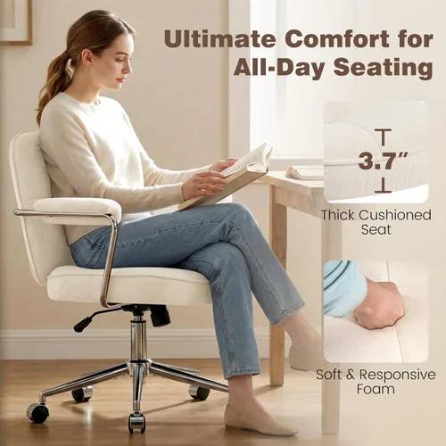 Miniatura 3 de Silla de oficina en casa con tela de felpa, sillas de escritorio modernas para computadora con respaldo medio con ruedas y reposabrazos acolchados