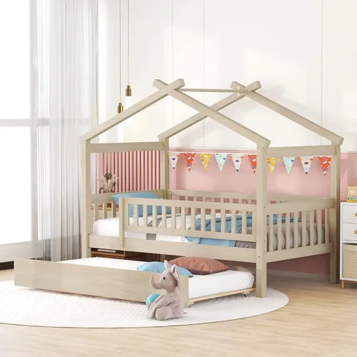 Miniatura 10 de Cama de casa con nido y valla, camas de tamaño matrimonial estilo Montessori con barandillas, marco de cama de madera para niños, niñas, niños