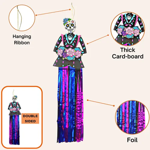 Miniatura 5 de 4E's Novelty Decoraciones colgantes del Día de los Muertos, 36 pulgadas, paquete de 3 pancartas decorativas del día de los muertos (3 pies de alto)