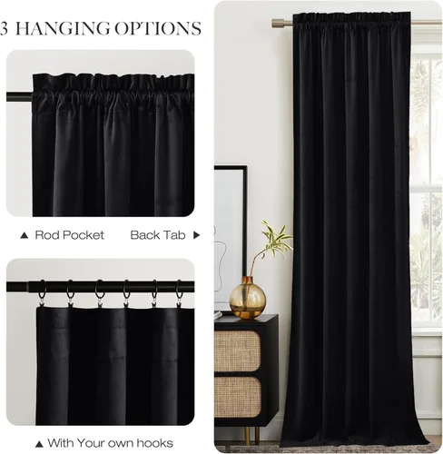 Miniatura 6 de NICETOWN Cortinas opacas de terciopelo negro de 84 pulgadas de largo para dormitorio, paneles opacos con bolsillo para barra, cortinas mate sólidas