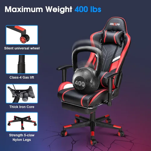 Miniatura 6 de Silla de masaje para juegos de 7 puntos, silla de oficina con reposapiés y soporte lumbar, altura del asiento ajustable ergonómica, 175° reclinable