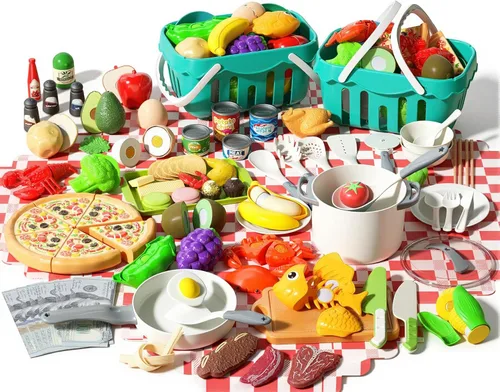Juego de cocina de 150 piezas, accesorios de utensilios de cocina de juguete para niños pequeños, comida, manta de picnic, frutas, verduras, paquete