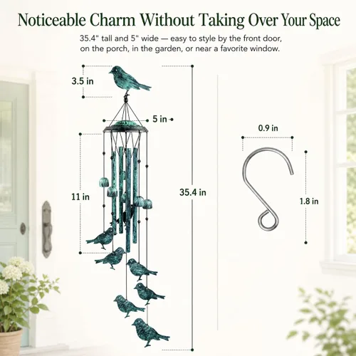 Miniatura 3 de Campanillas de viento de pájaros para exteriores, campanillas de viento para exteriores con 4 tubos grandes de aluminio y gancho en S - decoración