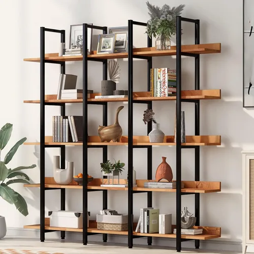YISUYA Estantería alta de madera de 5 niveles para dormitorio, estantería industrial moderna de mediados de siglo con almacenamiento para sala de