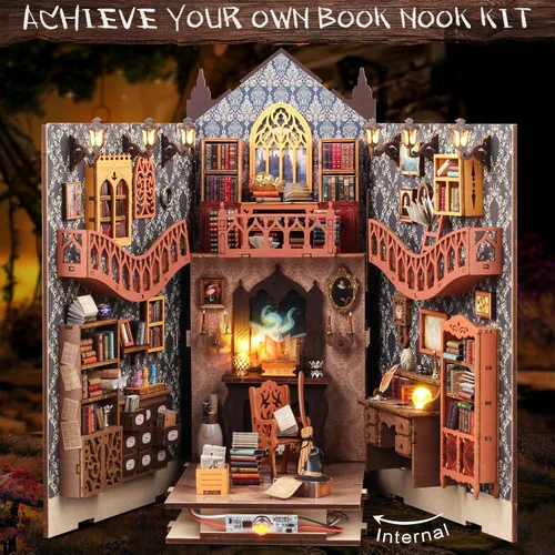 Miniatura 6 de Kit de rincón de libros de bricolaje: estante de rompecabezas de madera 3D con luz LED, decoración de sujetalibros en miniatura para adultos