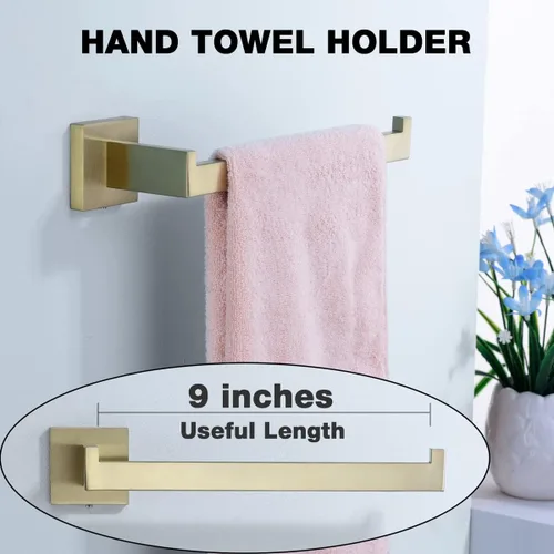 Miniatura 4 de TRUSTMI Juego de accesorios de baño de oro cepillado, juego de 5 piezas de barra de toalla de acero inoxidable de forma cuadrada, 23.6 pulgadas