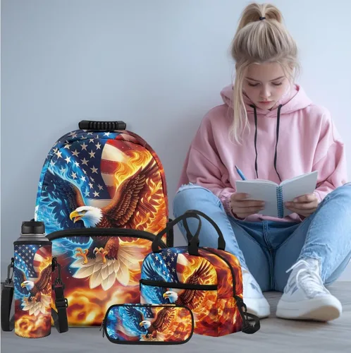 Miniatura 2 de Bulopur Eagle American Flag Print Kids Backpack Boys Elementary School 17 Inch Bookbag With Lunch Bag Water Bottle Holder Keychain Pencil Case 5