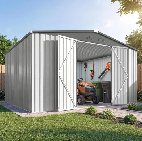 Miniatura 16 de AECOJOY Cobertizo de almacenamiento de metal para exteriores de 4 x 6 pies, cobertizo de herramientas de jardín resistente con puerta doble con Gris