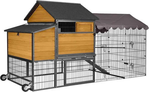 Miniatura 12 de Aivituvin Gallinero móvil de madera para gallinero con caja de anidación, jaula grande para aves de corral mejorada con marco de hierro fuerte